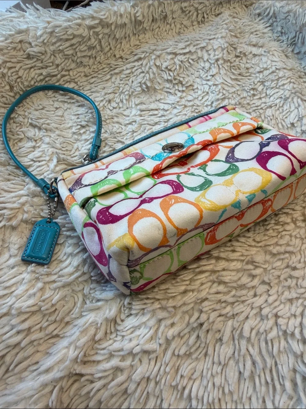 Vintage Coach Poppy Scribble Wristlet/Clutch~Aqua Leather/Soft Canvas